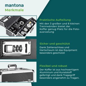 Mantona Alukoffer für Kamera & Objektive, mit Zahlenschloss und variabler Innenaufteilung für Fotoausrüstung.
