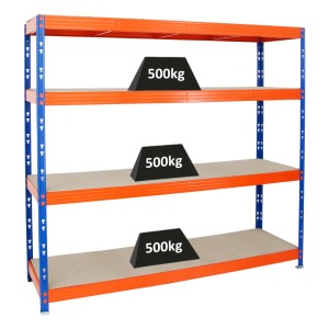 Blau-oranges PROREGAL Schwerlastregal Rhino mit 4 Spanplatten-Ebenen, belastbar mit je 500 kg.