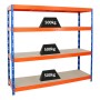Blau-oranges PROREGAL Schwerlastregal Rhino mit 4 Spanplatten-Ebenen, belastbar mit je 500 kg.