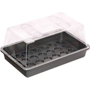 Anthrazitfarbene Universal-Anzuchtschale 38x24x6 cm mit transparentem Deckel für die Pflanzenanzucht.