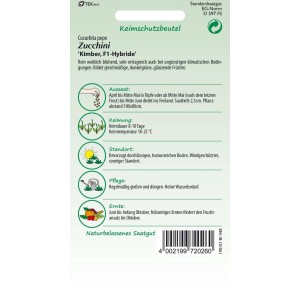 Samenpackung Zucchini 'Kimber F1': Infos zu Aussaat, Pflege und Ernte der Gemüsesamen.