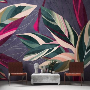 Fototapete Floral in Lila, Grün, Pink und Beige. PROFHOME Vliestapete mit Blättern.