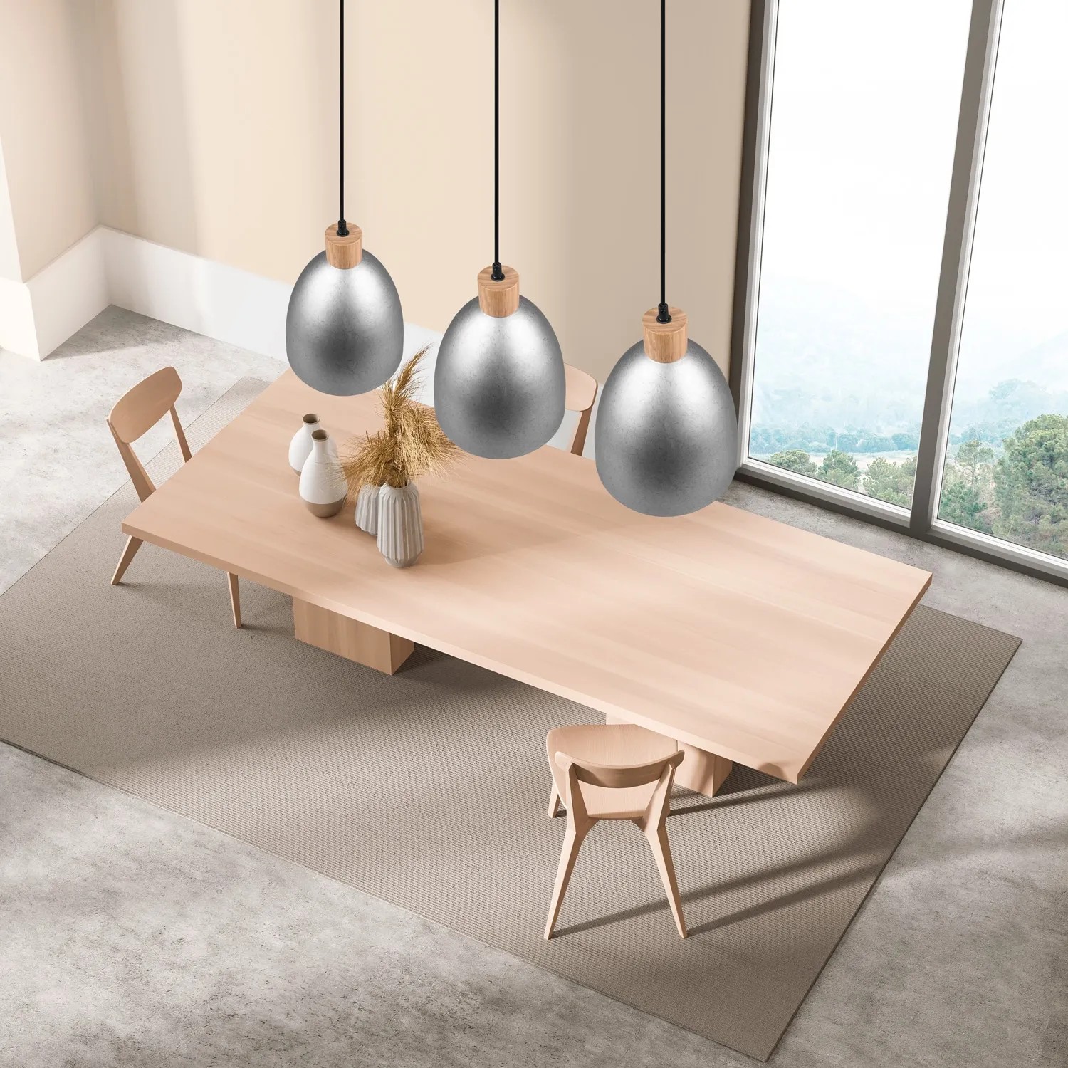 Drei Reality Jagger Pendelleuchten in Nickel Antik über Esstisch. Moderne Hängelampen im Vintage-Stil.