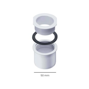 Weißer Inefa PVC Ablaufstutzen DN 50 für Kastenrinne, zerlegt mit Dichtungsring zum Schrauben.