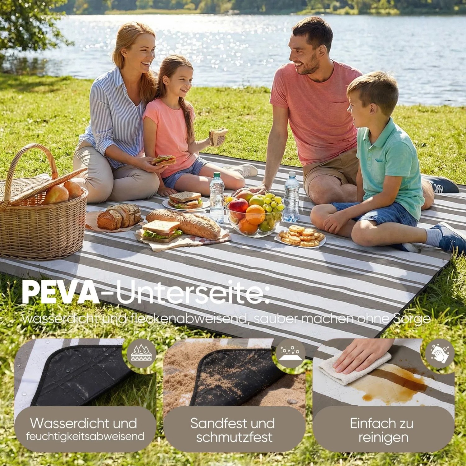 Familie auf braun gestreifter Sekey Picknickdecke 200x200 cm im Grünen.