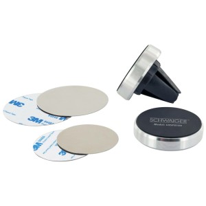 Schwaiger KFZ Smartphonehalterung LHSP0100, magnetisch, silber/schwarz, mit Lüftungsgitter-Adapter und Magnetplatten.