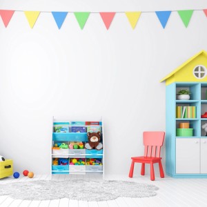 Relaxdays Kinderregal Spanplatte Stoff Metall Bunt Mit 6 Boxen und 2 Hängefächern 74 cm x 62 cm x 31,5 cm 5 kg