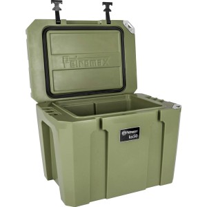 Geöffnete, olivgrüne Petromax Kühlbox 50 l. Robuste Thermobox für Camping und Outdoor-Aktivitäten.