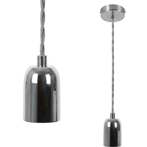 NETTLIFE Vintage Pendelleuchte: silberne Metall-Fassung, E27-Sockel, gedrehtes Textilkabel und Deckenbaldachin.