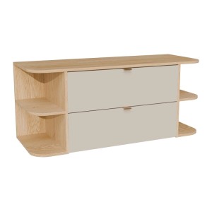 Hängender Waschbeckenunterschrank Lavena, 120 cm, beige Fronten, helle Holzoptik, 2 Schubladen, offene Seitenfächer.