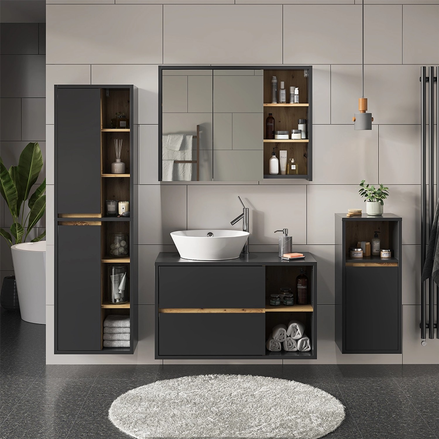 4-teiliges Badmöbel-Set Viola in Anthrazit/Eiche mit Spiegelschrank, Waschbeckenunterschrank, Midischrank und Hochschrank.