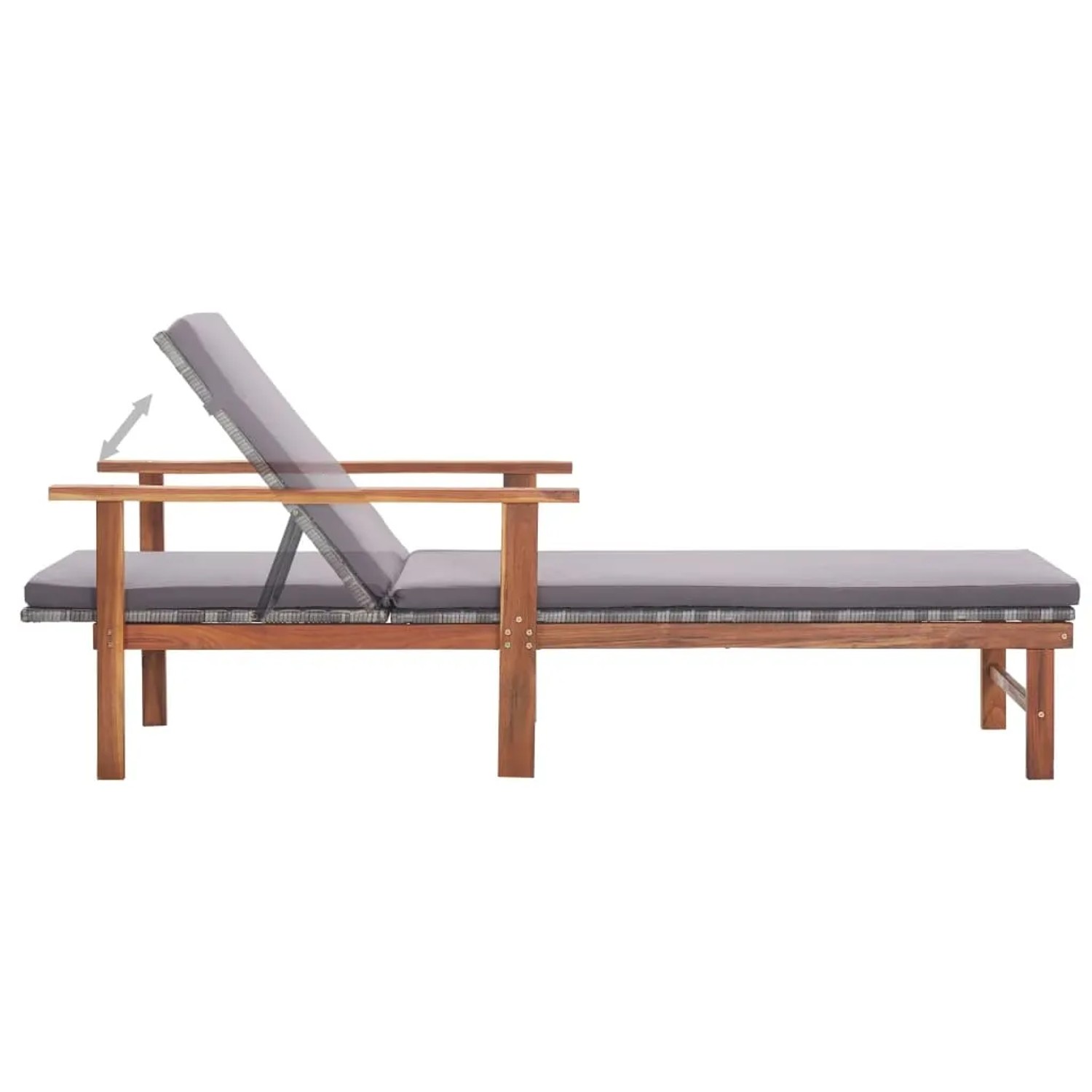Graue vidaXL Sonnenliege aus Rattan und Akazienholz mit Auflage.