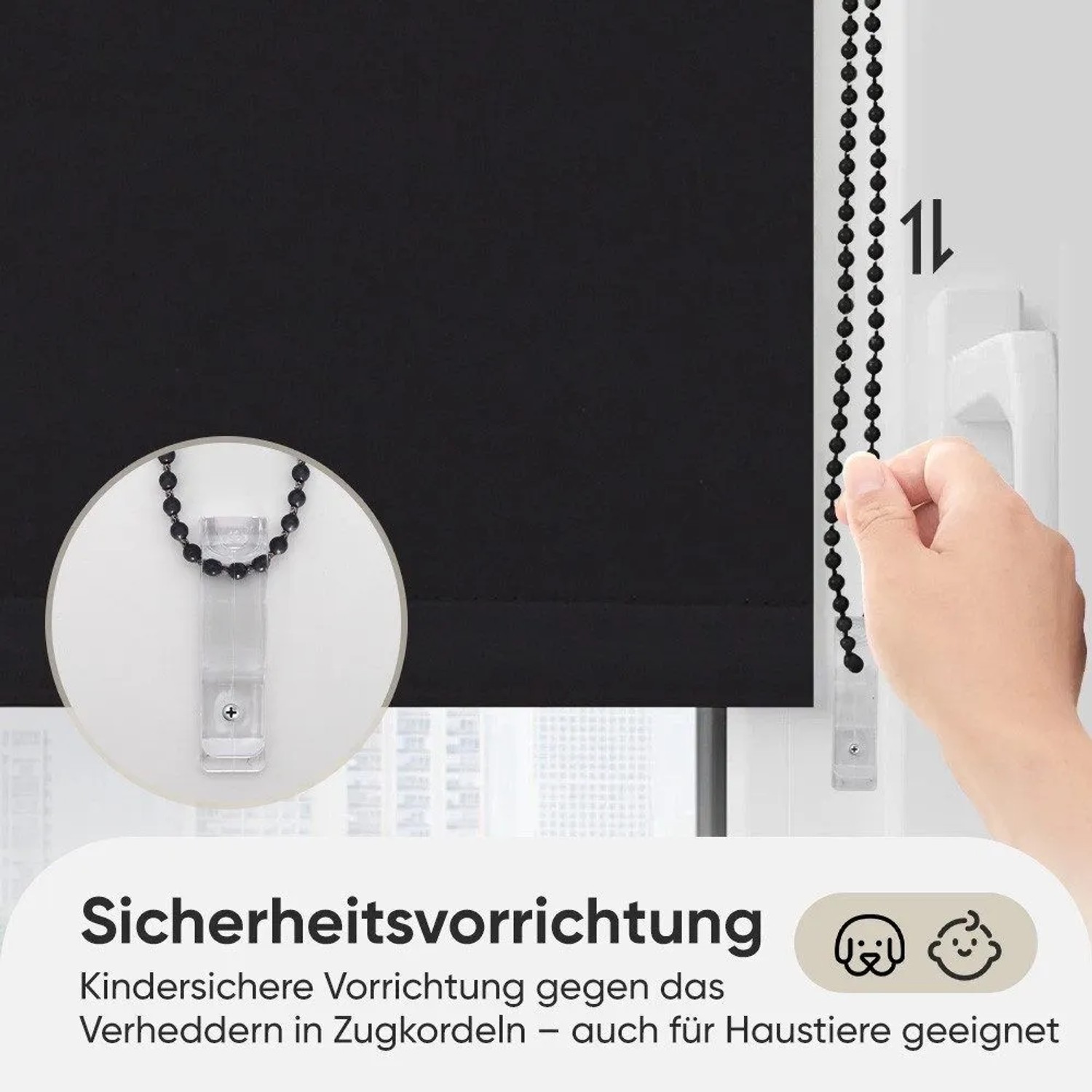 Sekey Verdunkelungsrollo, schwarz, 80x210cm, mit Kettenzug und Kindersicherung.