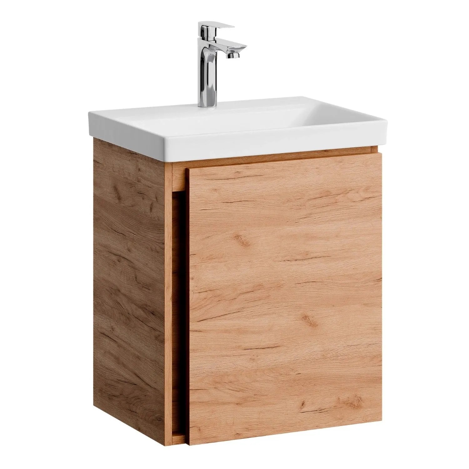 Planetmöbel Waschtischunterschrank 50 cm Gold Eiche mit Keramikwaschbecken Armatur Chrom Soft Close