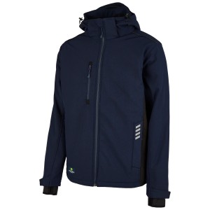 Navy Wintersoftshelljacke von Hans Schäfer Workwear, Größe M, mit Kapuze und Reißverschluss.