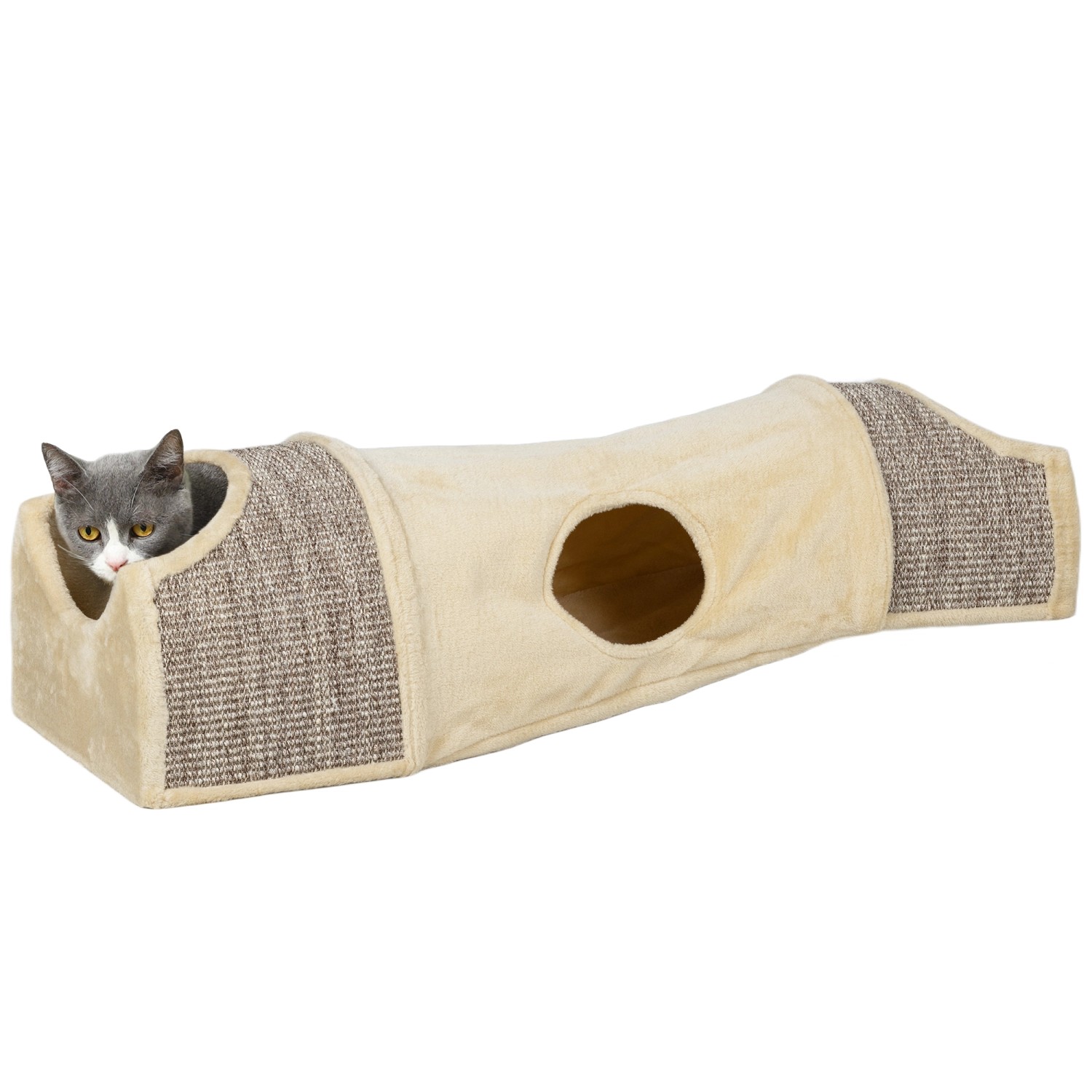 PawHut Katzentunnel Spanplatte Plüsch Beige 107L x 38B x 29H cm