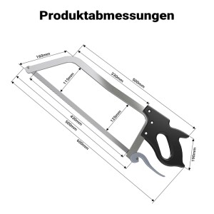 Abbildung der XL Knochensäge von Wiltec mit Maßangaben, einer Fleischersäge mit schwarzem Griff.