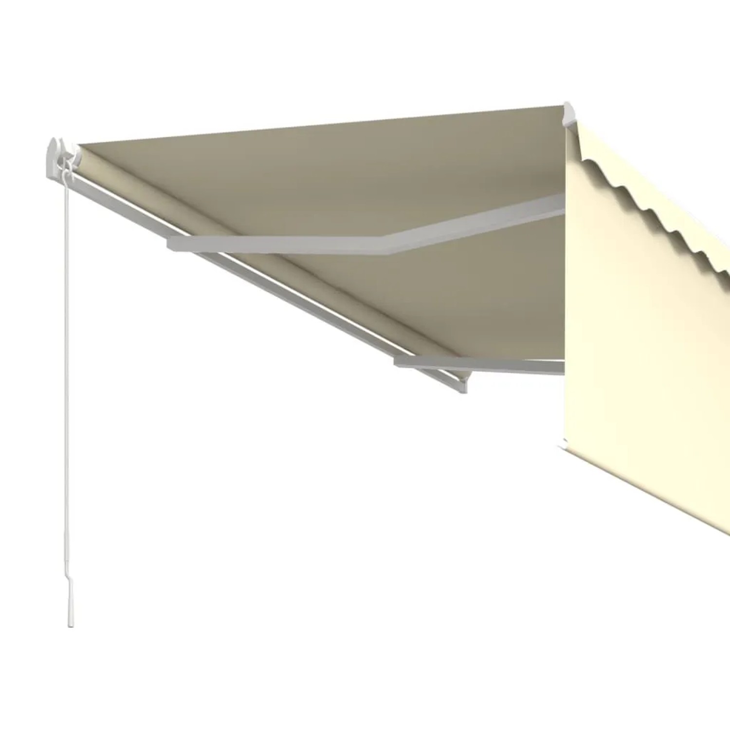 Manuelle, einziehbare Markise in Creme mit Rollo, 3,5x2,5 m. Sicht auf Stoff, Gestell und Bedienung.