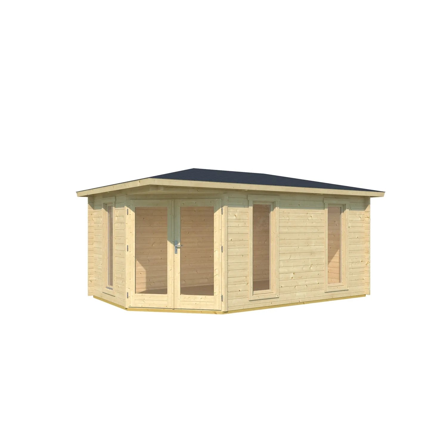 Lasita Maja Gartenhaus Edinburgh 2 aus unbehandeltem Holz mit Fenstern und Doppeltür.
