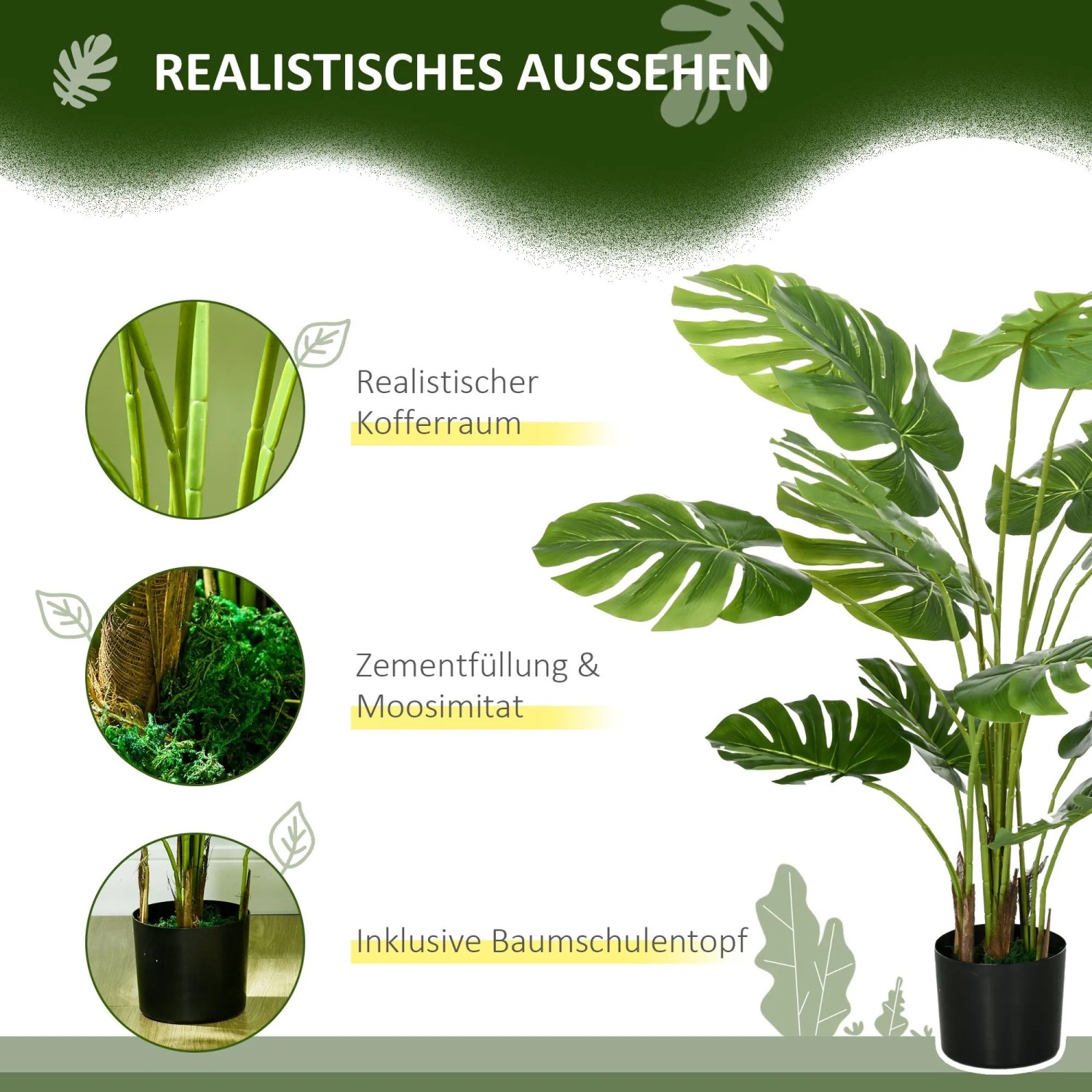 Realistische HOMCOM Kunstpflanze 120 cm mit grünen Blättern und schwarzem Übertopf. Ideal als Hausbaum.