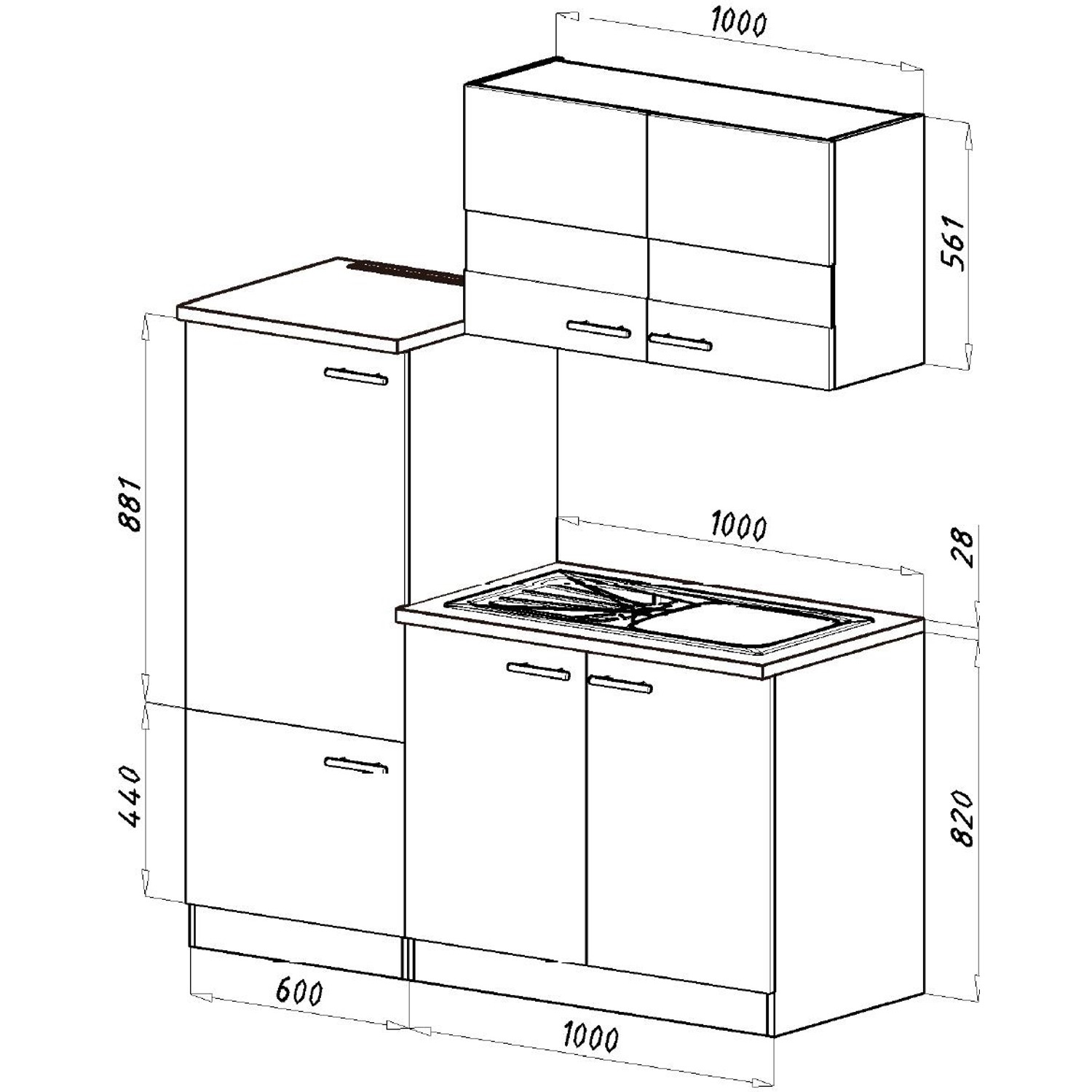 Skizze der Respekta Miniküche KB160ESG in Grau-Eiche Sonoma mit Maßen.