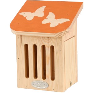 Esschert Design Schmetterlingshaus aus Holz mit orangem Dach und Schmetterlingsmotiven.