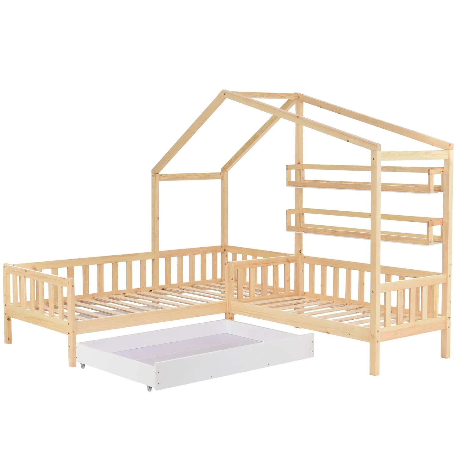 KOMHTOM Kinderhausbett  90 x 200 Cm + 140 x 70 Cm  Mit Schubladen  Regalen  Schutzgitter Und Lattenrost  L-Förmiges Gestell  Kiefernholz + Mdf  Natur