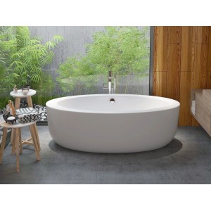 Freistehende Badewanne Marmati, weiß, oval, 185 cm, in modernem Bad mit grünen Pflanzen.