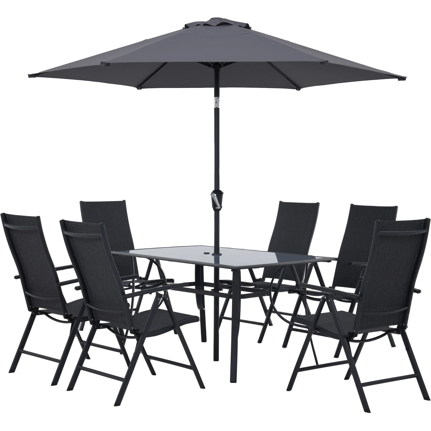 8-teilige Sitzgruppe Townsville in Anthrazit mit Tisch, 6 Stühlen und Sonnenschirm.