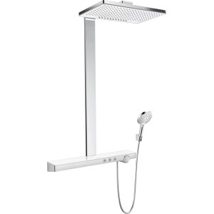 Hansgrohe Rainmaker Select Showerpipe 460: Brauseset mit Kopf- und Handbrause in Weiß-Chrom.