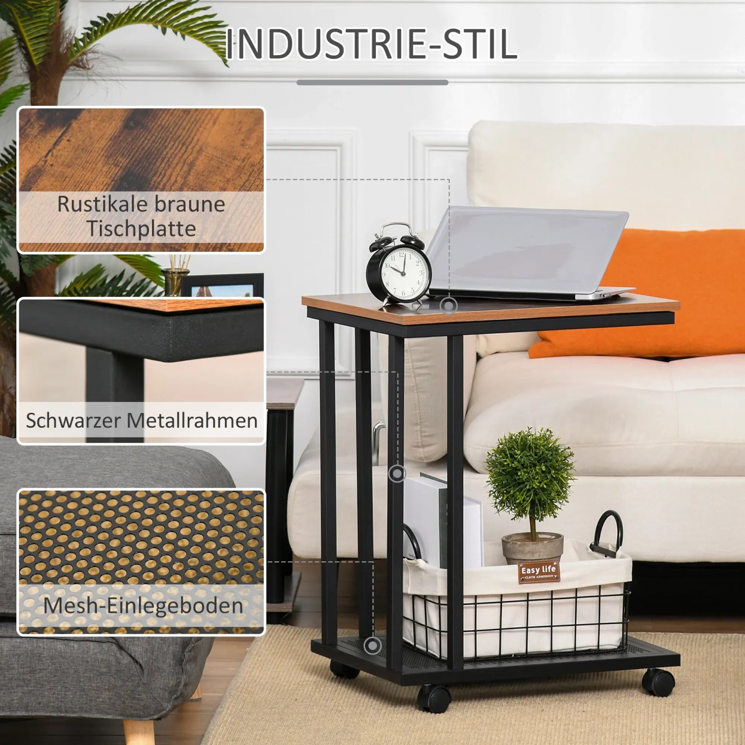 HOMCOM Beistelltisch in C-Form, schwarz/walnuss, mit Metallgestell und Ablage. Ideal als Nachttisch.