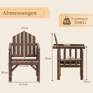 Brauner Holz-Gartenstuhl mit hoher Rückenlehne und Armlehnen. Ansicht mit Maßen (66x62,5x98cm) und 150kg Tragfähigkeit.