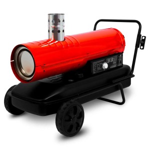 EBERTH indirekte Diesel Heizkanone 30kW mit Abgasrohr, rot/schwarz, auf Rädern.
