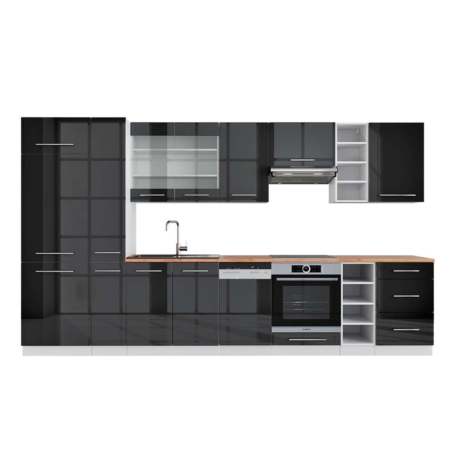 Vicco Fame-Line Küchenzeile Anthrazit Hochglanz/Weiß 355 cm AP Eiche günstig online kaufen