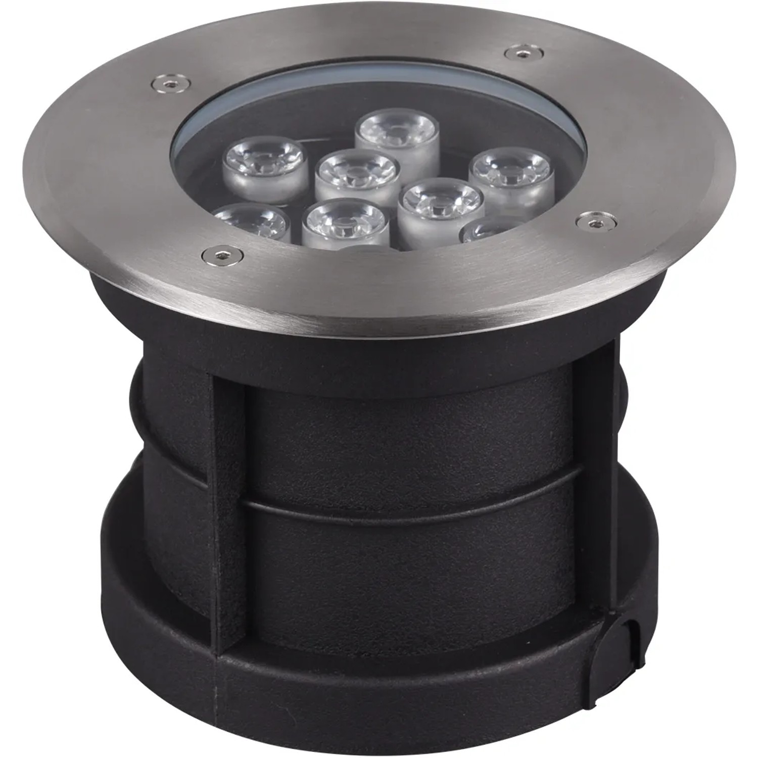 Runder Trio LED-Bodeneinbaustrahler Belaja, 16 cm, Nickel matt, für den Außenbereich.