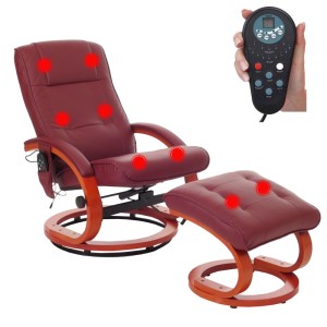 Bordeauxroter Massage-Fernsehsessel mit passendem Hocker und Fernbedienung. Drehbarer Loungesessel mit Holzgestell.