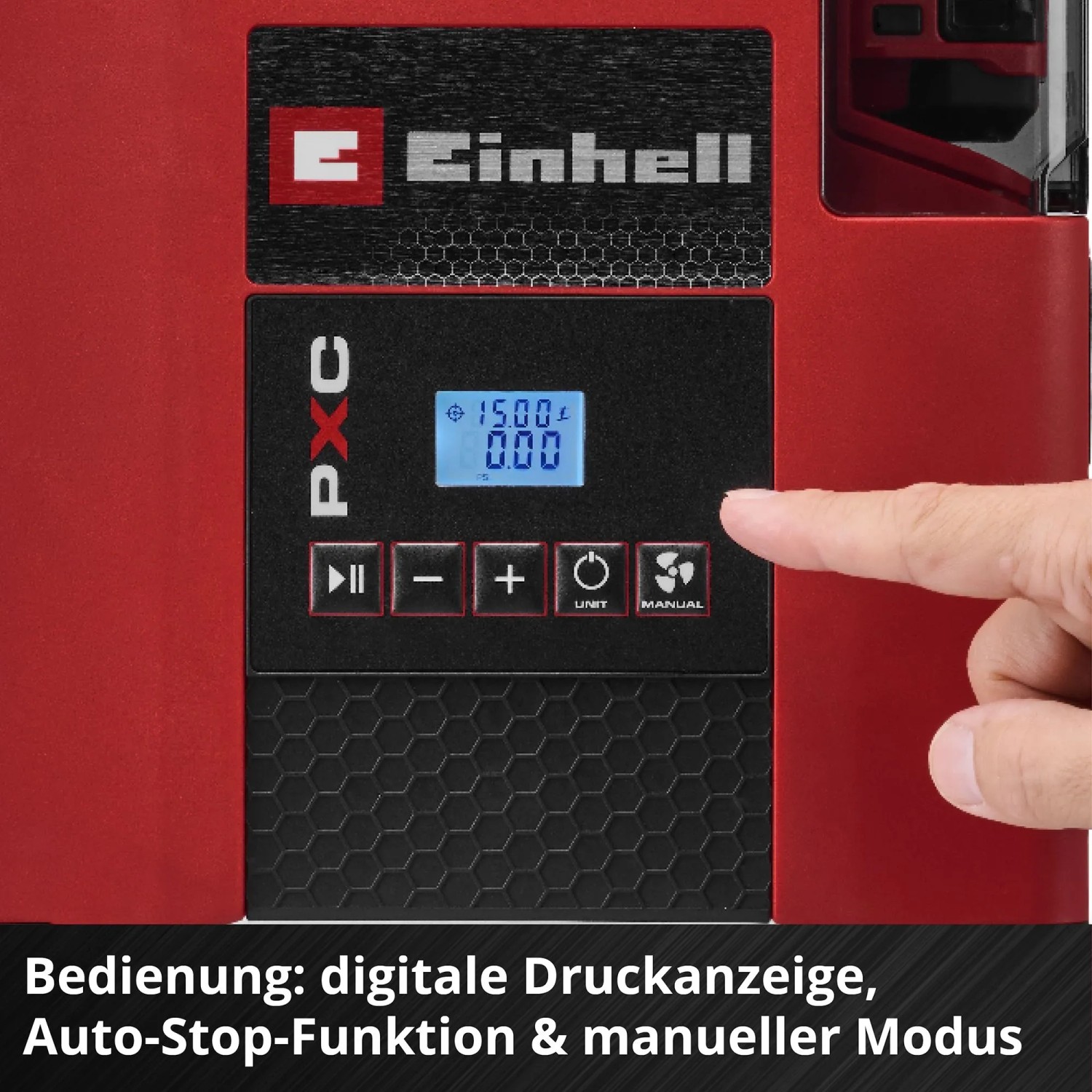 Detailaufnahme: Einhell Akku-Kompressor Suppero 18/380 mit digitaler Druckanzeige und Bedienelementen.