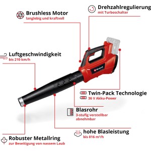 Einhell Akku-Laubbläser GP-LB 36/210 Li E-Solo: Roter Laubbläser mit Akku. Für Gartenarbeiten.
