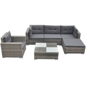 Graues 6-tlg. Garten Lounge Set aus Polyrattan mit Auflagen und Tisch.