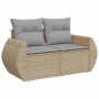Beiges 2-Sitzer Gartensofa aus Polyrattan mit grauen Kissen, Teil des vidaXL 8-tlg. Sets.