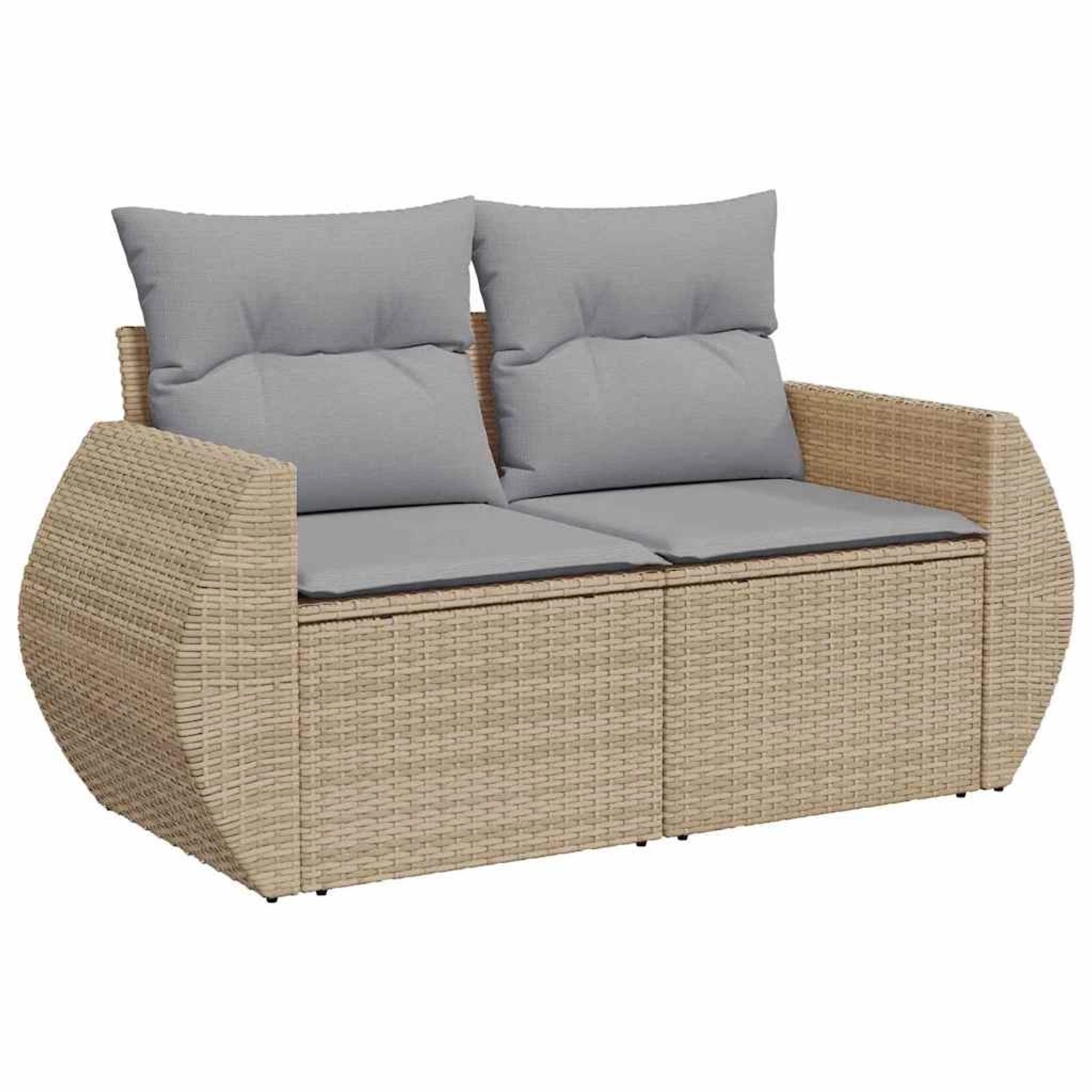 Beiges 2-Sitzer Gartensofa aus Polyrattan mit grauen Kissen, Teil des vidaXL 8-tlg. Sets.