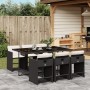 Schwarze 7-tlg. vidaXL Garten-Essgruppe aus Polyrattan mit Tisch, Stühlen und cremeweißen Kissen.