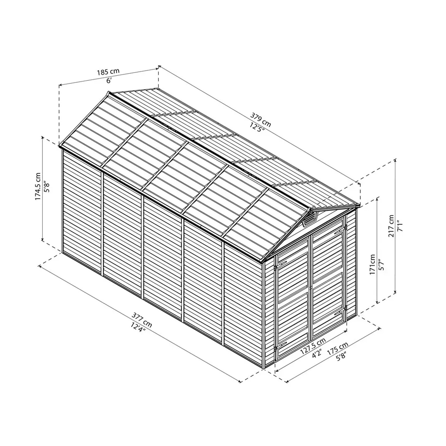 Skizze des Palram Canopia Gerätehauses Skylight 1.9 x 3.8 in Anthrazit mit Maßangaben.