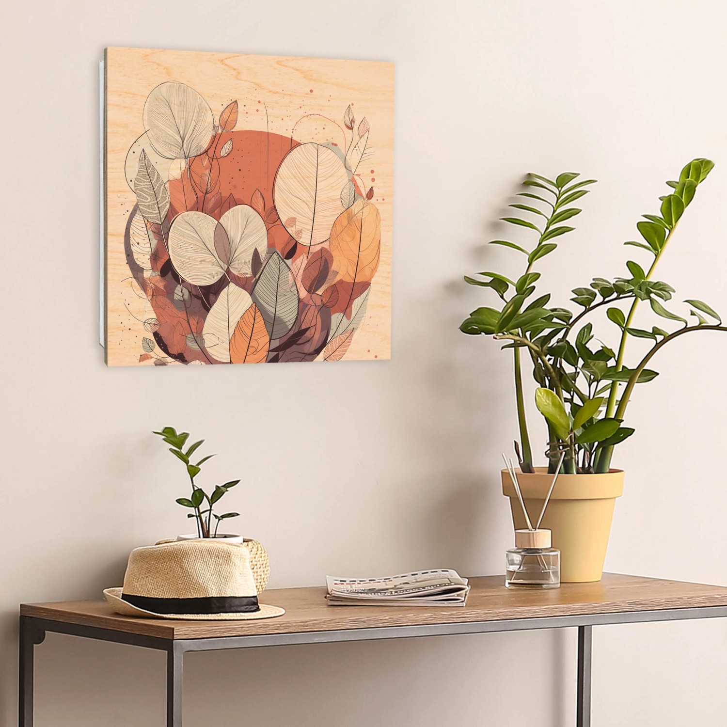 Banjado Schlüsselbox aus Holz, 30x30cm, mit Herbstblätter-Motiv und 50 Haken. Schlüsselkasten für die Wandmontage.