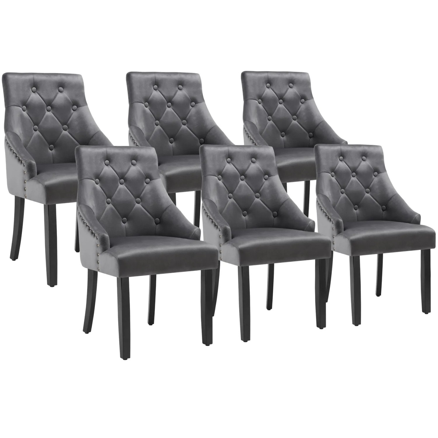 Tectake Esszimmerstuhl Everdeen Gepolstert  In Samtoptik  Mit Seitlichen Zierknöpfen Große Rückenlehne  Gesteppt 6Er Set 57 x 52 x 91 cm Dunkelgrau Sc