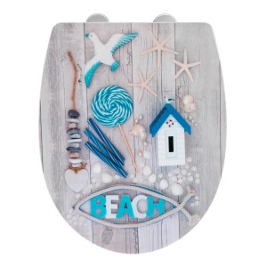 Wenko WC-Sitz Beach High Gloss mit Strandmotiven wie Möwe, Seestern und Strandhaus.