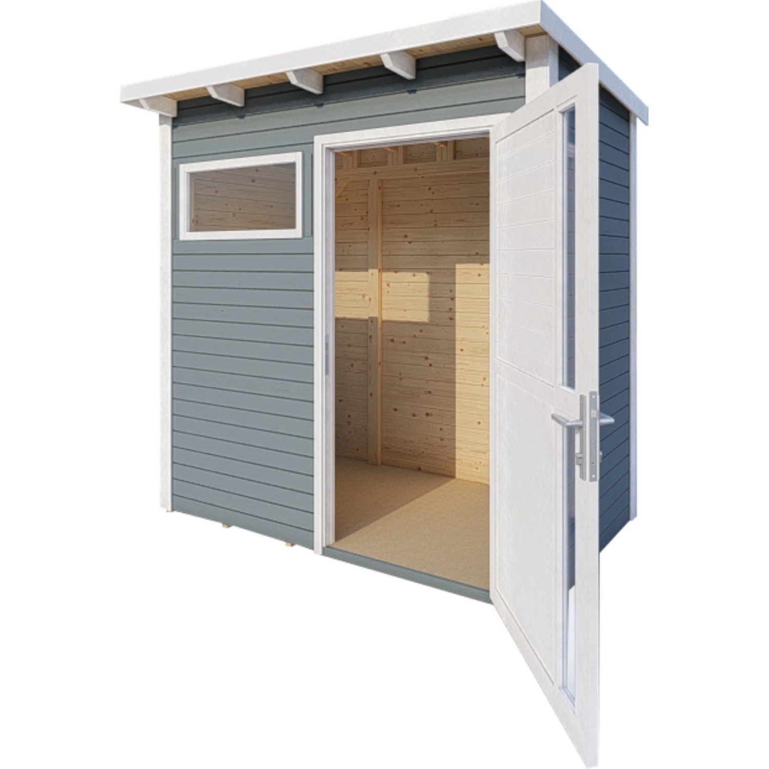 Graues Bertilo Gartenhaus Pentus 1 aus Holz mit geöffneter Doppeltür und Fenster.
