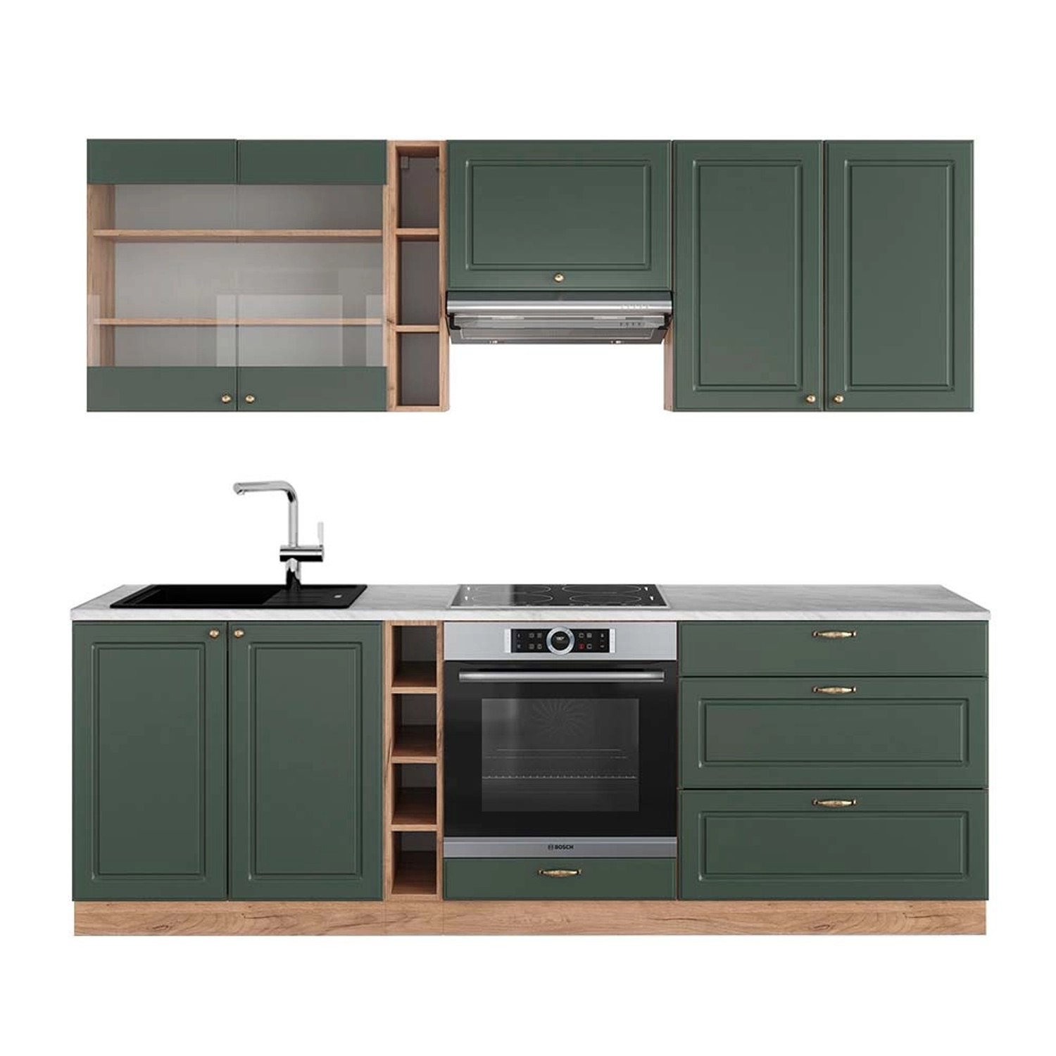Vicco Fame-Line Küchenzeile Grün-Gold Landhaus/Goldkraft Eiche 235 cm AP Ma günstig online kaufen