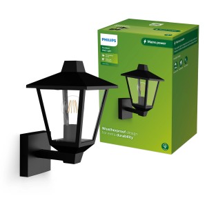 Schwarze Philips Kinno LED-Außenwandleuchte mit Bewegungssensor und Verpackung.