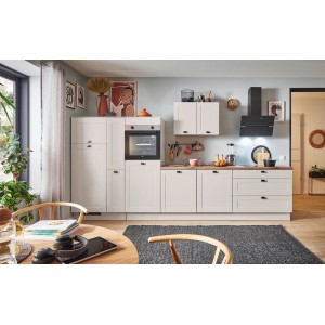 Moderne pino Küchenzeile, 340cm, Kaschmirgrau matt, mit Geräten, Apothekerschrank und heller Arbeitsplatte.